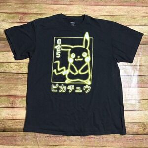Pokemon Pikachu Neon Graphic T-Shirt Mens Large Black 025 Japanese Katakana